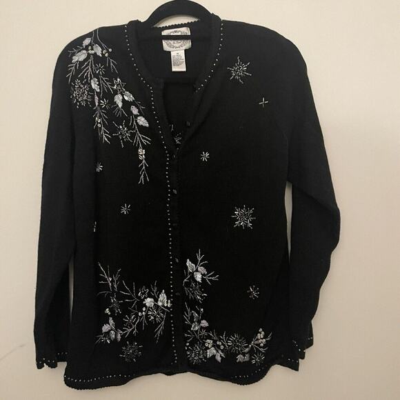 Stitches In Time Black Holiday Sweater Cardigan Size M Beading & Embroidered VTG - Picture 1 of 15